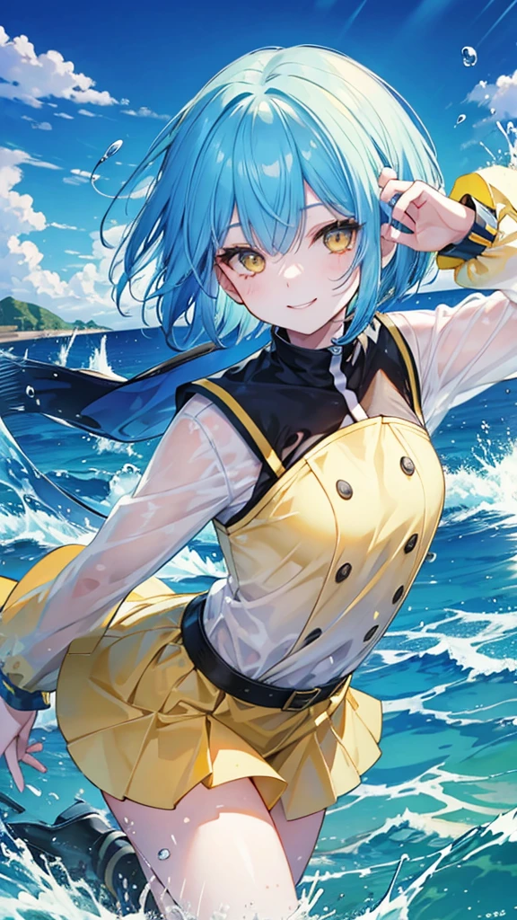 Blue hair, bob hair, Yellow eyes,water splash,smile,sea,