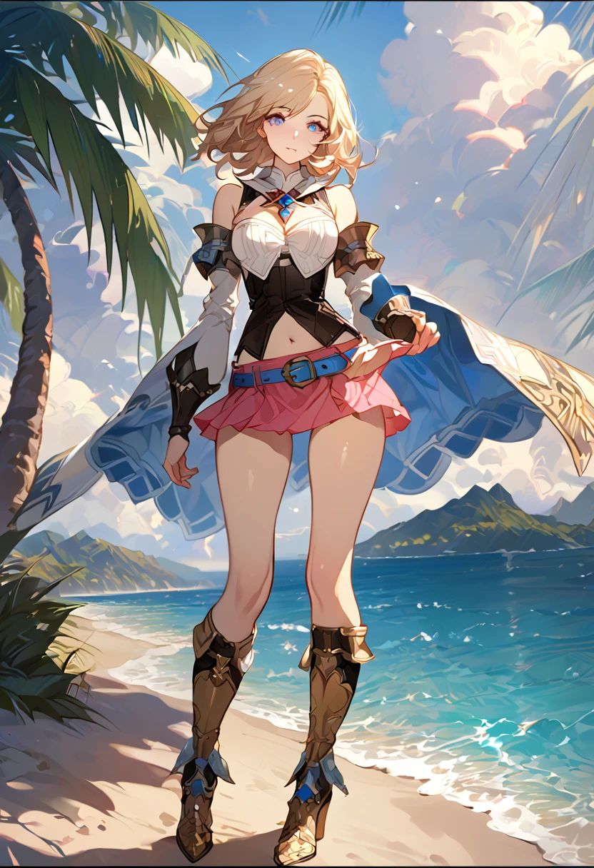 masterpiece, best quality, 8k, 4k, 1girl, ashelia final fantasy xii, Ashelia, medium hair, blonde hair, blue eyes, white detached sailor like collar, brooch, white shirt, cleavage, midriff, detached sleeves, bracer, black corset, pink skirt, microskirt, pink skirt, tight skirt, blue belt, black thigh with gold pattern boots, slim body, looking at viewer, standing nicely, wind blowing, finely detailed eyes and detailed face, face detailed, hair detailed, clothes detailed, ((high quality)), extreme detail, beach sand, palm tree, calm water, high hills overlooking the sea, hollowed hills,  inspired by Asukaziye artist : ask, art style : ask