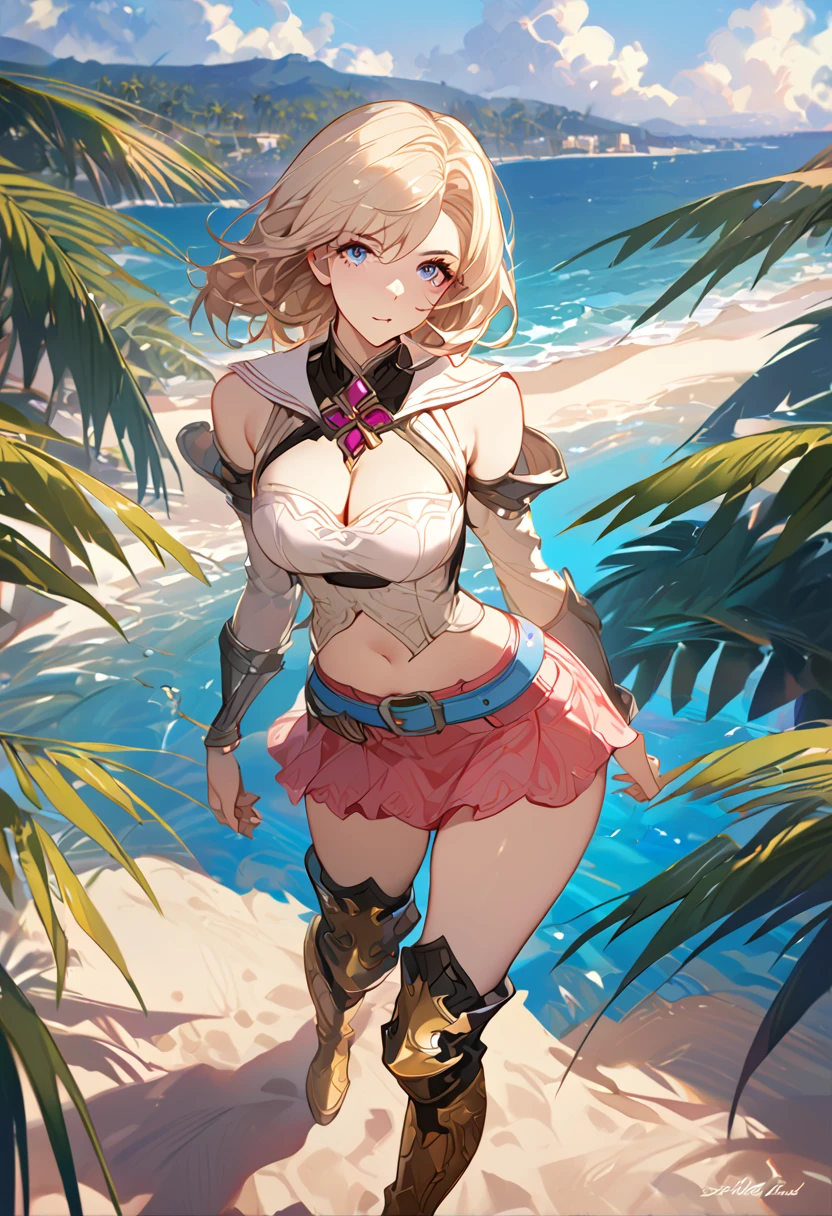 masterpiece, best quality, 8k, 4k, 1girl, ashelia final fantasy xii, Ashelia, medium hair, blonde hair, blue eyes, white detached sailor like collar, brooch, white shirt, cleavage, midriff, detached sleeves, bracer, black corset, pink skirt, microskirt, pink skirt, tight skirt, blue belt, black thigh with gold pattern boots, slim body, looking at viewer, standing nicely, wind blowing, finely detailed eyes and detailed face, face detailed, hair detailed, clothes detailed, ((high quality)), extreme detail, beach sand, palm tree, calm water, high hills overlooking the sea, hollowed hills,  inspired by Asukaziye artist : ask, art style : ask