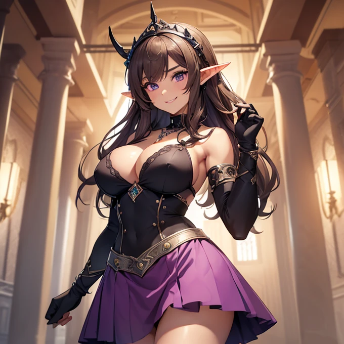 (absurdres, best high quality image, carefuly detailed features and textures, very detailed image, solo character alone, full character view and design): {{(1character: 900 years old elf noble mature beautiful milf), (dark brown short spiky hair with ahoge, fair skin, purple eyes, brown eyebrows, absolute feminine elder beauty, beautiful and sexy features, huge breasts, tall voluptuous body, beautiful arms, beautiful legs, short pointy ears, beautiful hips), (purple gathered skirt, grey wrap top, grey long arm sleeves, grey gloves, red jewell necklace), (cheerful smile, cheerful face, cheerful expression, happy personality, toying and playful demeanor, confident pose, friendly), (dannish viking castle interior hall)}}