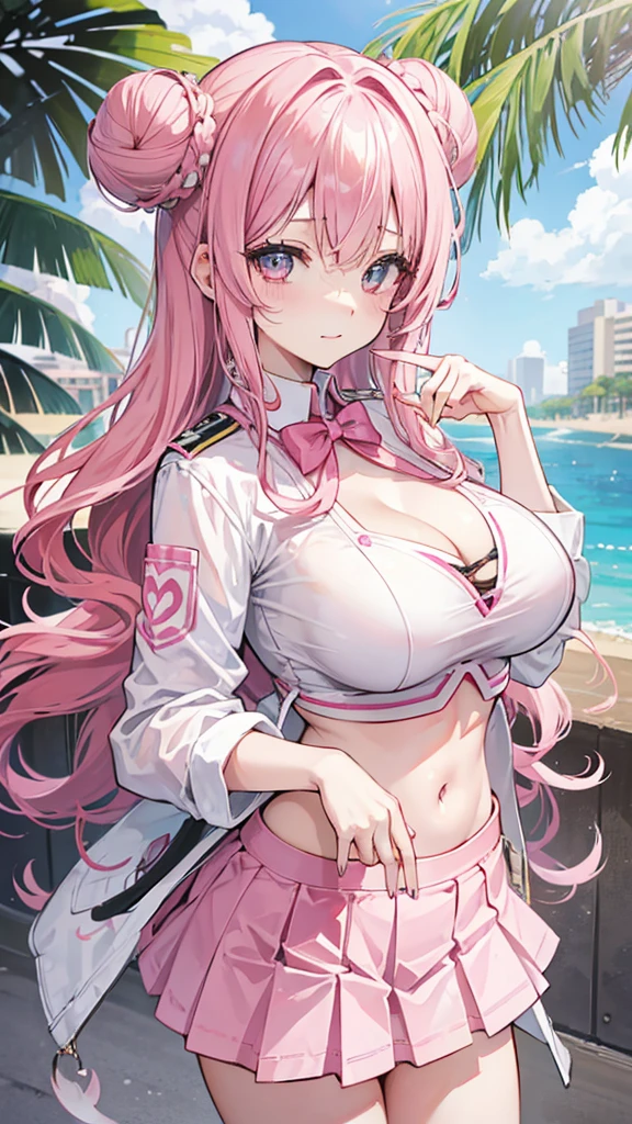 one woman, pink hair, gyaru, canine, aquamarine eyes, Double bun , navel, manicure, curly long hair, neat white uniform, piercer, mischievous laughter, cleavage, cute, short pink skirt, very large breasts