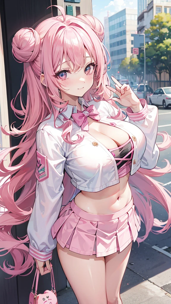 one woman, pink hair, gyaru, canine, aquamarine eyes, Double bun , navel, manicure, curly long hair, neat white uniform, piercer, mischievous laughter, cleavage, cute, short pink skirt, very large breasts
