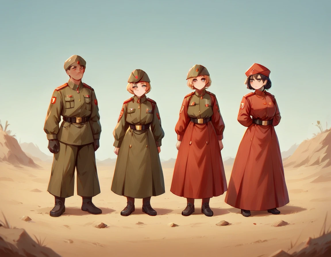 A platoon of girls wearing bright red military uniforms and long red skirts、A pair of platoon leaders and soldiers wearing red military uniforms and red long skirts and equipped with assault rifles、desert