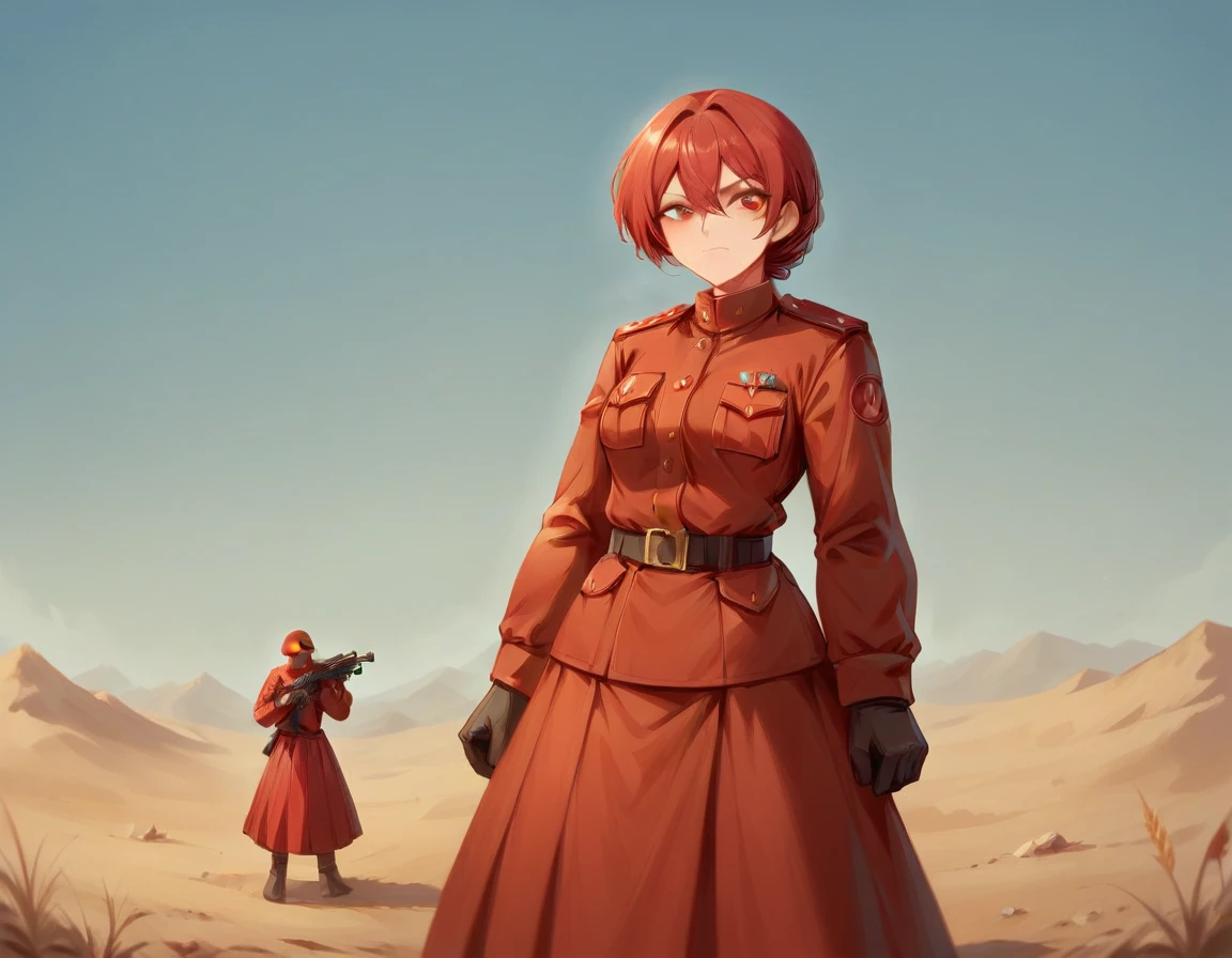 A platoon of girls wearing bright red military uniforms and long red skirts、A pair of platoon leaders and soldiers wearing red military uniforms and red long skirts and equipped with assault rifles、desert