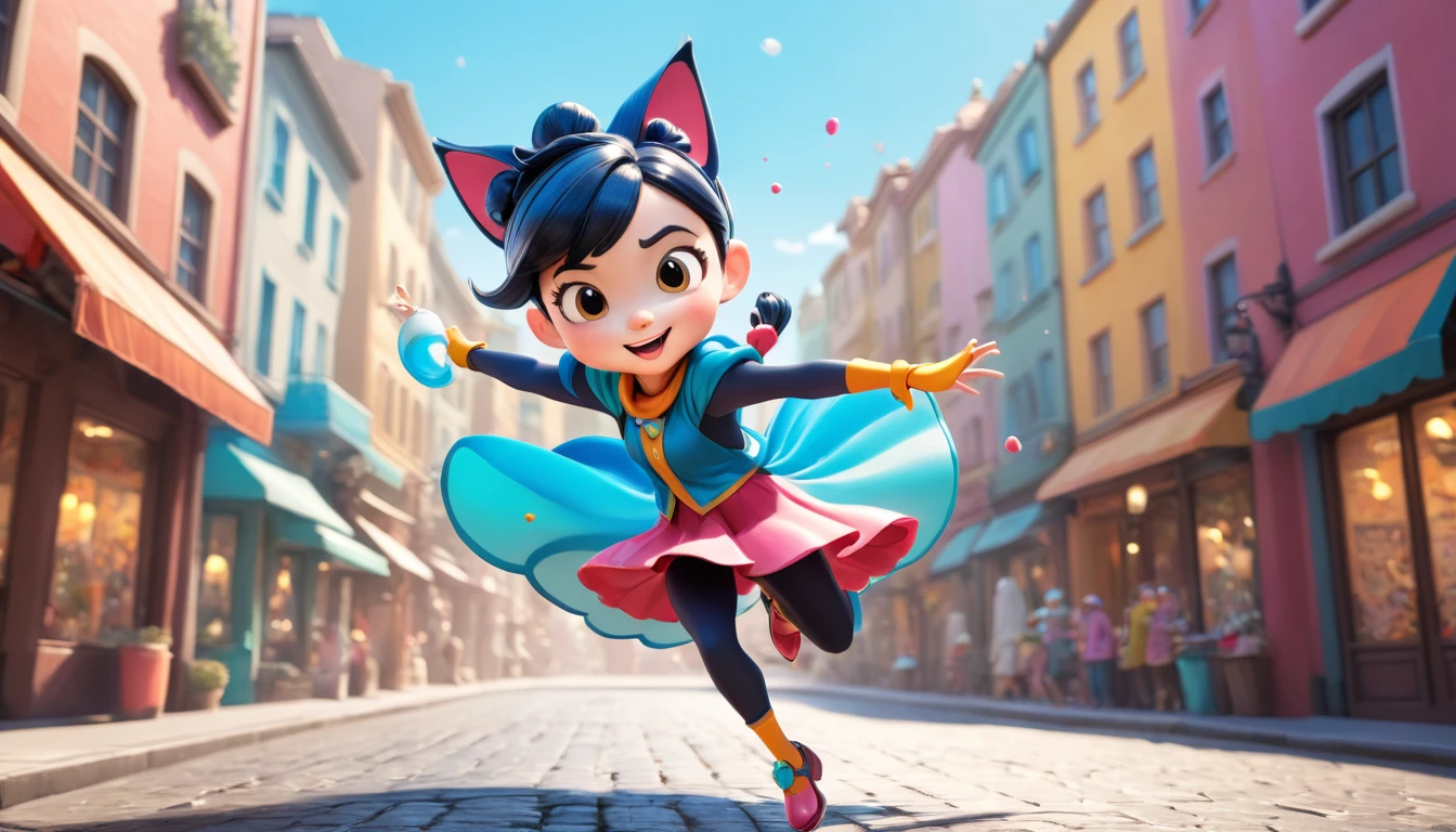 "A whimsical cartoon character in a dynamic action pose."
