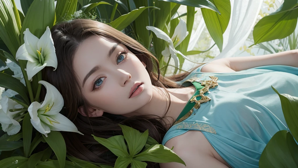32k, Masterpiece, Highest quality, One girl, Brown Hair, Detailed eyes, flower,Amaryllis, Blue and green style,A dreamy, romantic piece,Pale yellow, Mysterious Leaves,A playful arrangement,Fantasy,High Contrast,Ink strokes,explosion,Exposure, Impression of blue and green tones,Abstract, Brush strokes,Negative Space, Tyndall effect