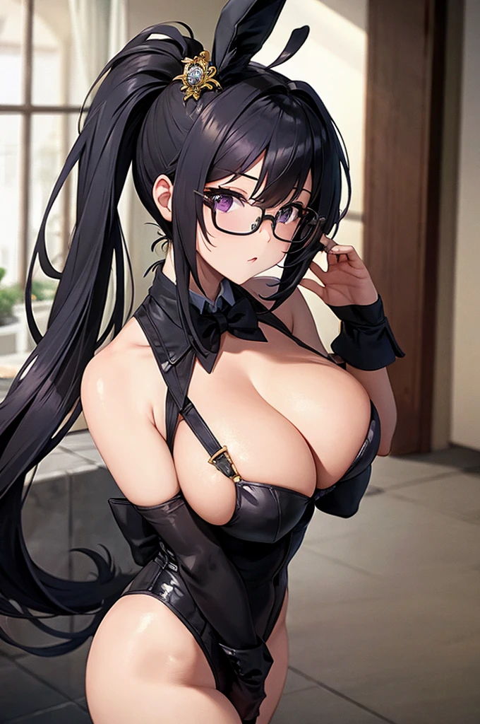 masterpiece,Big Breasts,beauty,Purple glasses,Black Hair,Side Ponytail,masquerade rabbit ears,Linen_clothes
