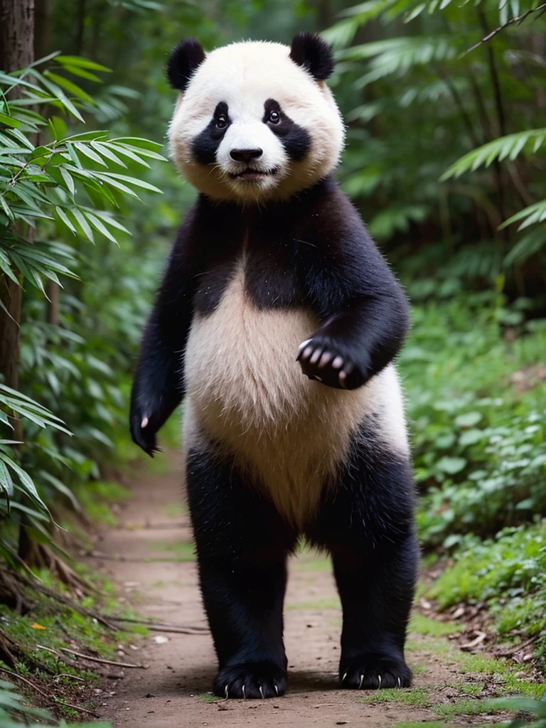 A panda walks through the forest
