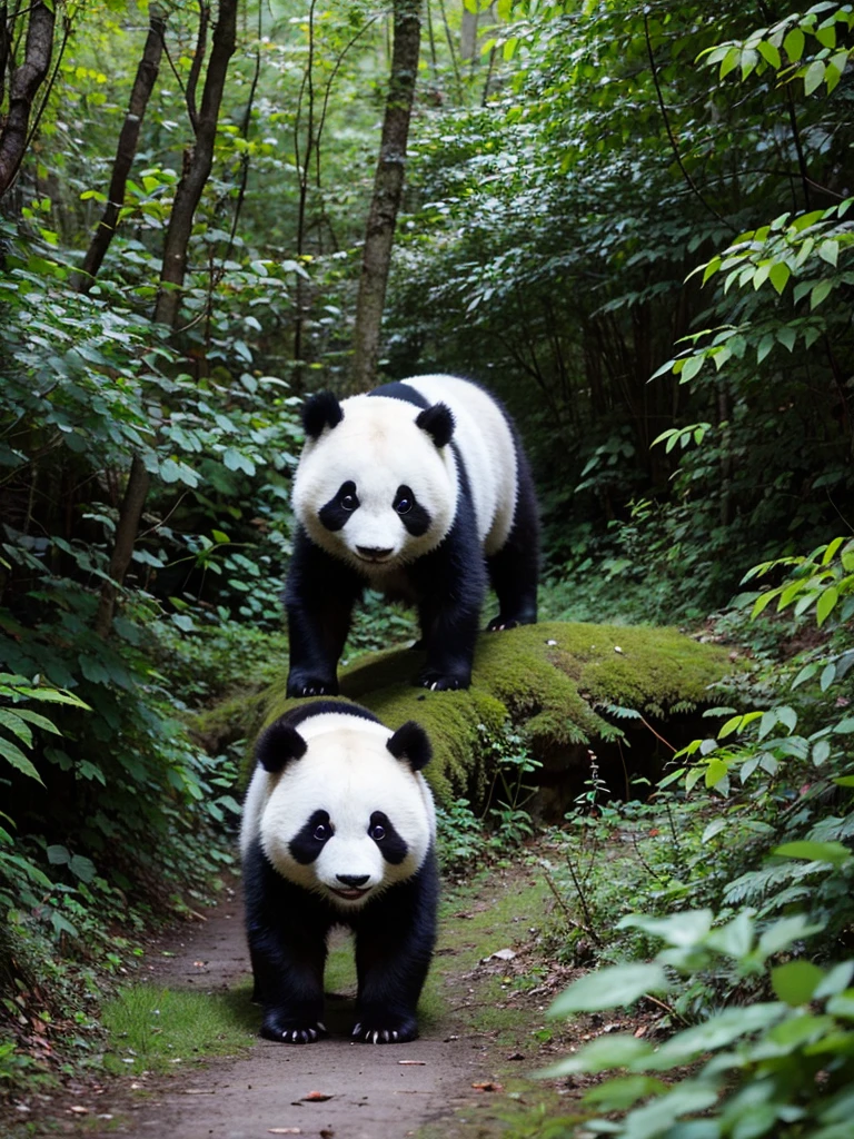 A panda walks through the forest