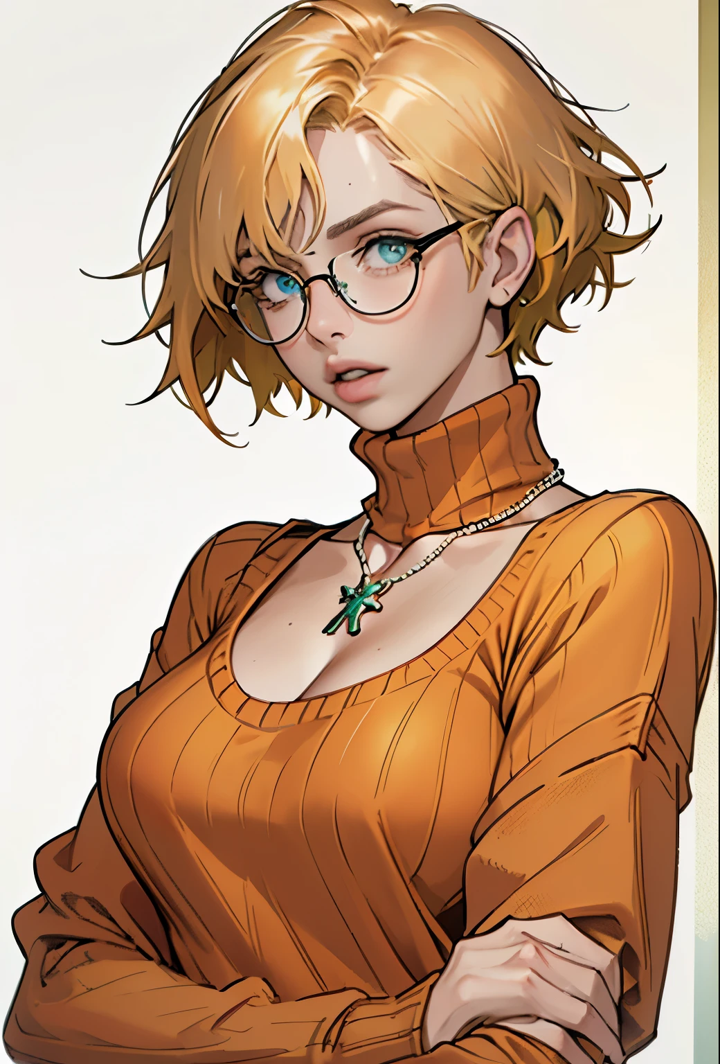 (masterpiece, Highest quality) One girl, Ashley Graham RE, alone, chest, View your viewers, short hair, blue eyes, shirt, Bare shoulders, jewelry, medium chest, Green Eyes, Upper Body, Blonde, parted lips, No sleeve, necklace, sweater, lips, turtleneck, Bobcut, ribbed sweater, Realistic, nose, No sleeve turtleneck, orange shirt, orange sweater,Glasses,