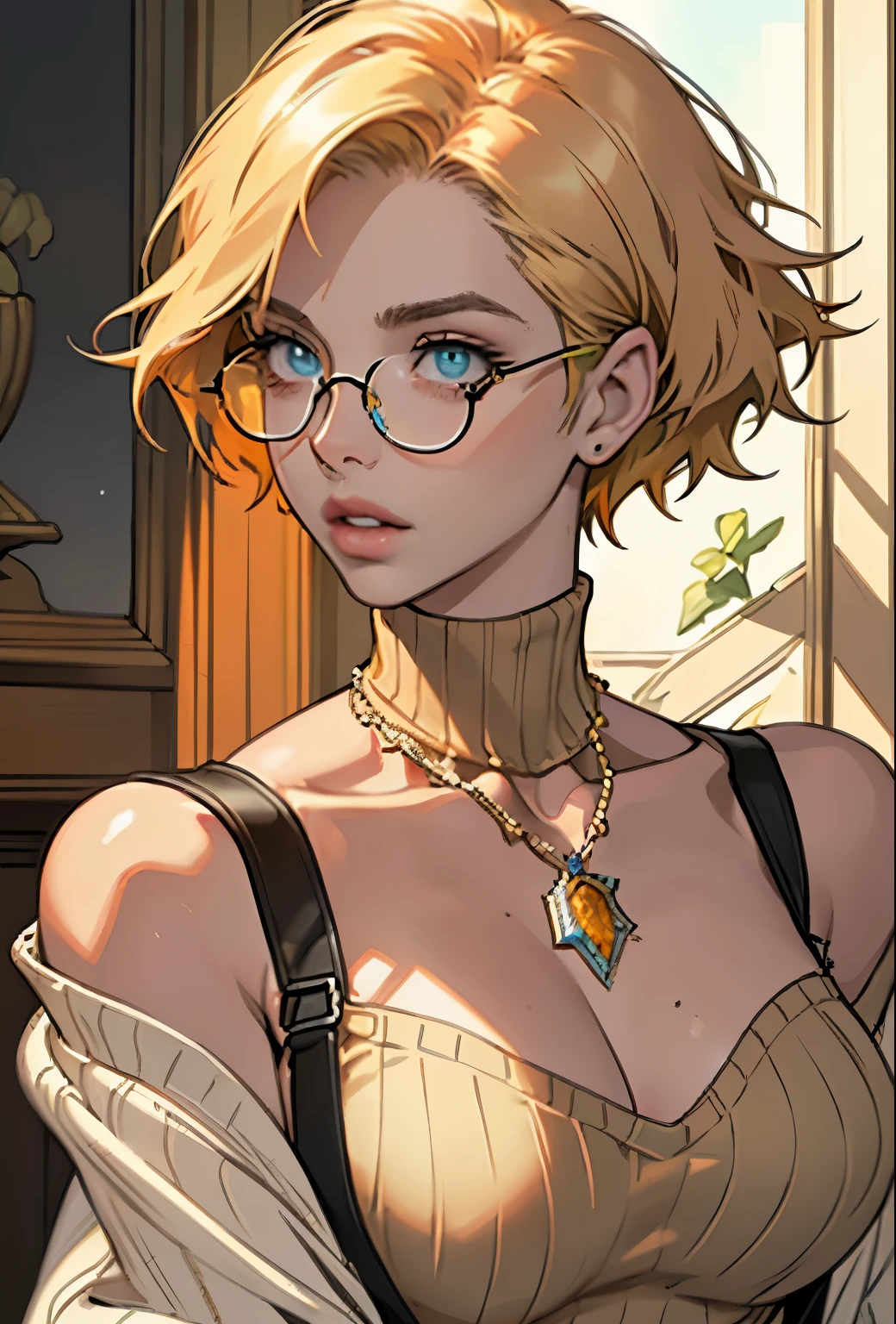 (masterpiece, Highest quality) One girl, Ashley Graham RE, alone, chest, View your viewers, short hair, blue eyes, shirt, Bare shoulders, jewelry, medium chest, Green Eyes, Upper Body, Blonde, parted lips, No sleeve, necklace, sweater, lips, turtleneck, Bobcut, ribbed sweater, Realistic, nose, No sleeve turtleneck, orange shirt, orange sweater,Glasses,