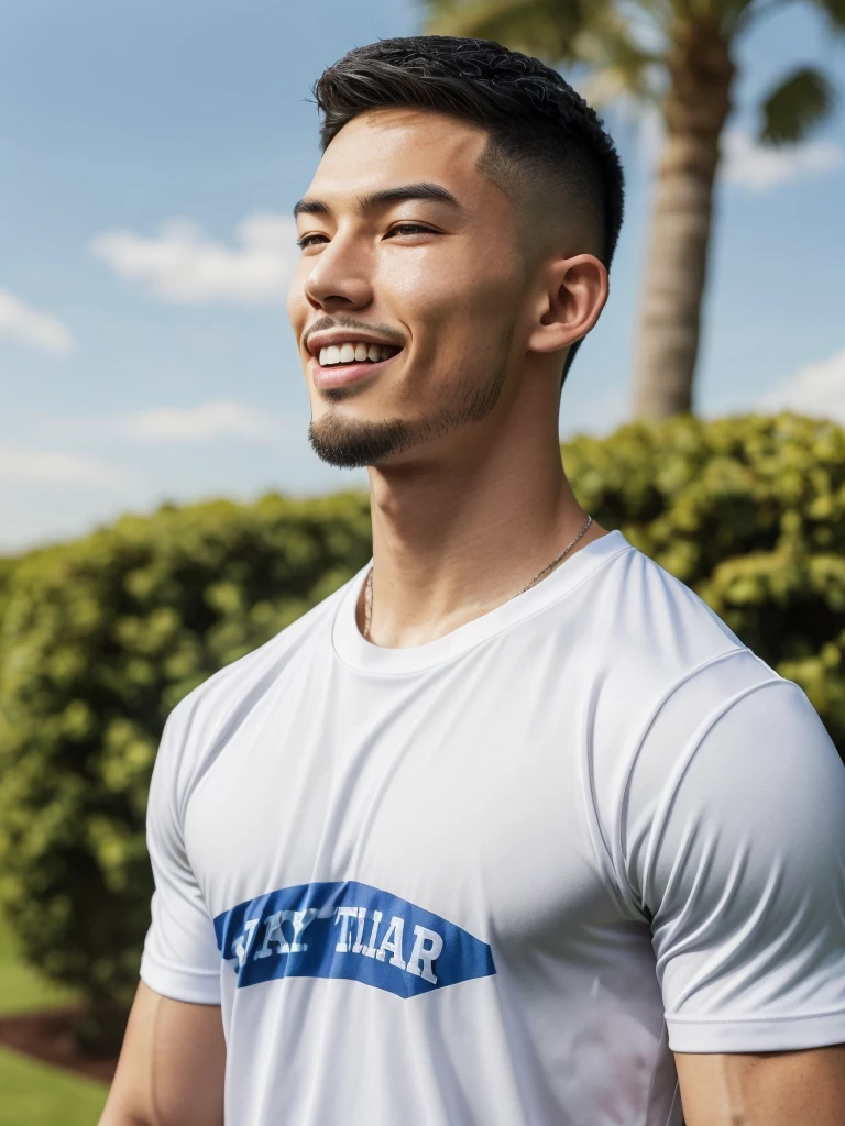 Tony Labrusca, (As a matter of fact, Masterpiece, 8k HD, good light quality, sportswear, fit the face, complicated details), A handsome, muscular young Korean man. , 20 years old, be happy, smile brightly, detailed face, delicate eyes, มองดูsky, Wear a navy tight T-shirt.:1.6, period, black eyes, Black hair color, ผมsmooth, smooth, outdoor sports, Along the garden, Sunny,sky,Surreal,Awesome details,Highest quality,real,Open your mouth to talk. , Close your eyes.