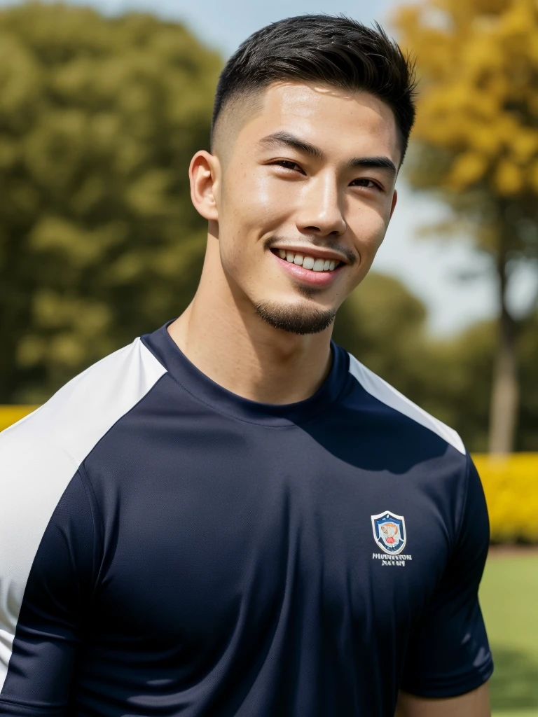 Tony Labrusca, (As a matter of fact, Masterpiece, 8k HD, good light quality, sportswear, fit the face, complicated details), A handsome, muscular young Korean man. , 20 years old, be happy, smile brightly, detailed face, delicate eyes, มองดูsky, Wear a navy tight T-shirt.:1.6, period, black eyes, Black hair color, ผมsmooth, smooth, outdoor sports, Along the garden, Sunny,sky,Surreal,Awesome details,Highest quality,real,Open your mouth to talk. , Close your eyes.