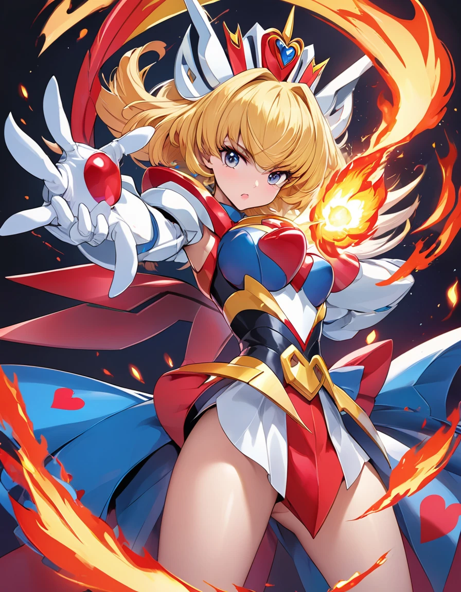 BREAK Perfect Anatomy、(High resolution:1.2)、Incredible illustrations、(Cute illustrations:1.2)、(Beautiful background)The Queen of Hearts strikes with her flaming right palm.(Mobile Fighter G Gundam style)