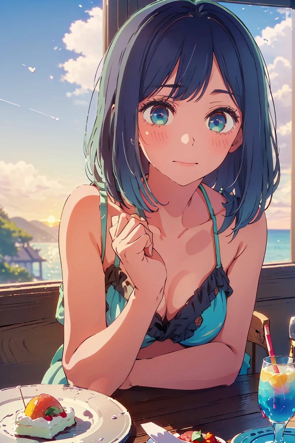 (Highest quality:1.4、masterpiece:1.4、Super detailed:1.4、8K:1.4)、F cup bust、Big Breasts、Slim body、((((1 person、sit、Outdoor café terrace、coastal、Navy hair color、juice、table、Sandy Beach、sunset、Sunset、Sunset、bikini、juiceのグラスを持つ、Very cute face))))、Big eyes、((((Shallow depth of field))))