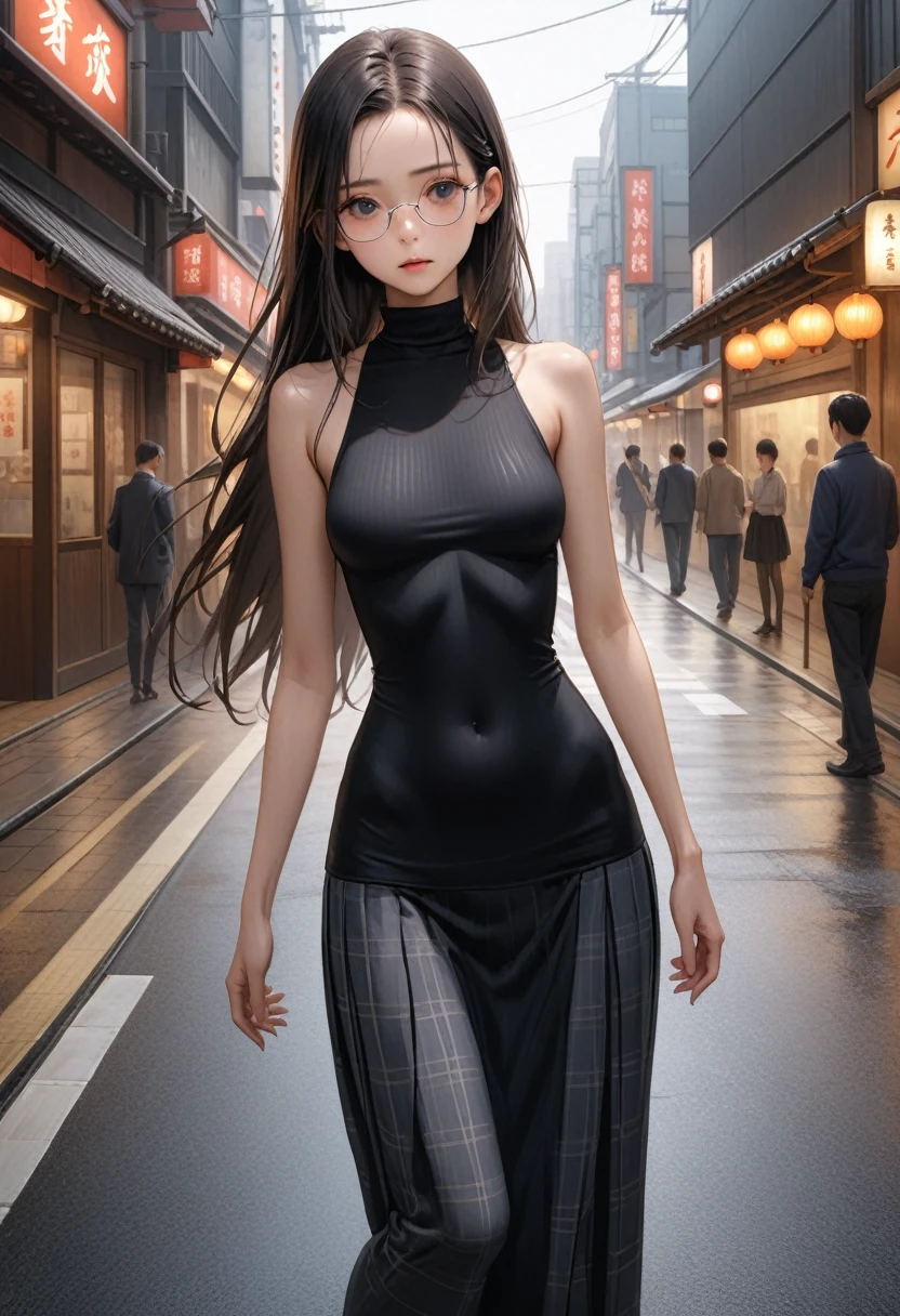 ((masterpiece,Highest quality:1.3,best illustration,realistic:0.7)),1woman、独奏,20 year old Japanese beauty,((very small head:1.3)),center parted bangs,forehead,black hair,long hair,black eyes,gorgeous eyes,Black-rimmed glasses、shy,medium breasts,((very long body:1.2)),((toned body,slender body,skinny)),gleaming skin,shiny skin,oily skin,(turtleneck、No sleeve、Grey plaid pleated mini skirt),on street,Tokyo、