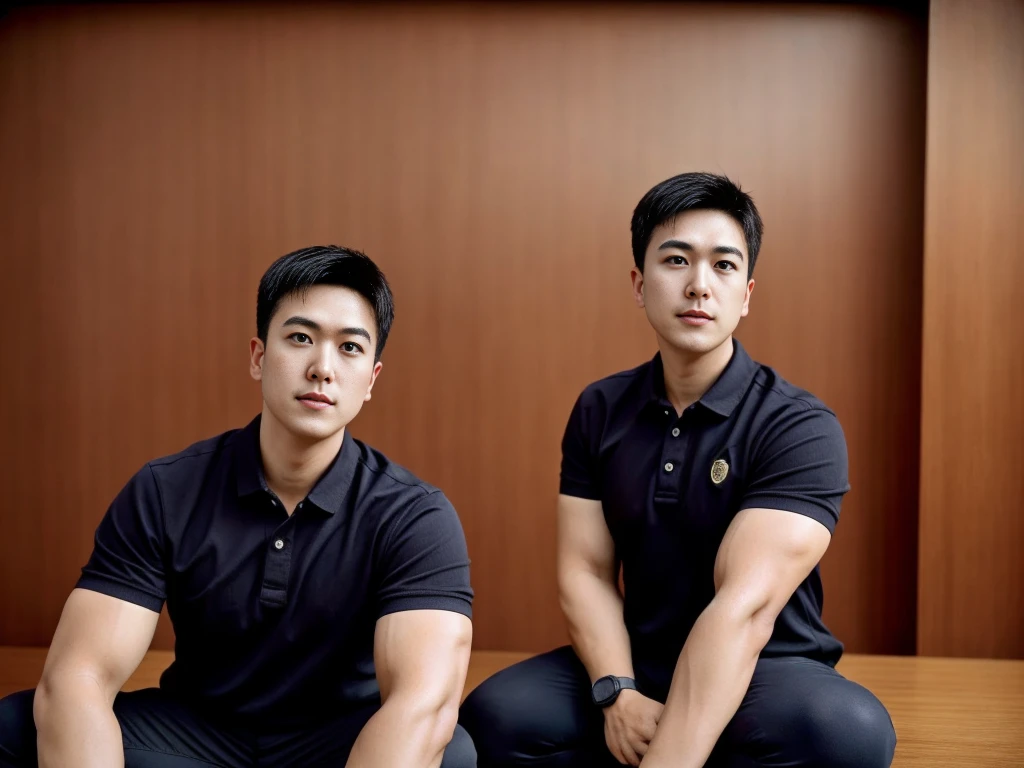 A male police officer in his 20s poses for a group photo., Wear a black polo shirt, high resolution, Masterpiece, best quality, head:1.3,, Smooth and fine skin, clear focus, (movie light), during the night, gentle light, Dynamic angle, (detailed face:1.2), (((exercise))), sport, His arm muscles were very big., hand in crotch, in his bedroom ,natural and delicate,