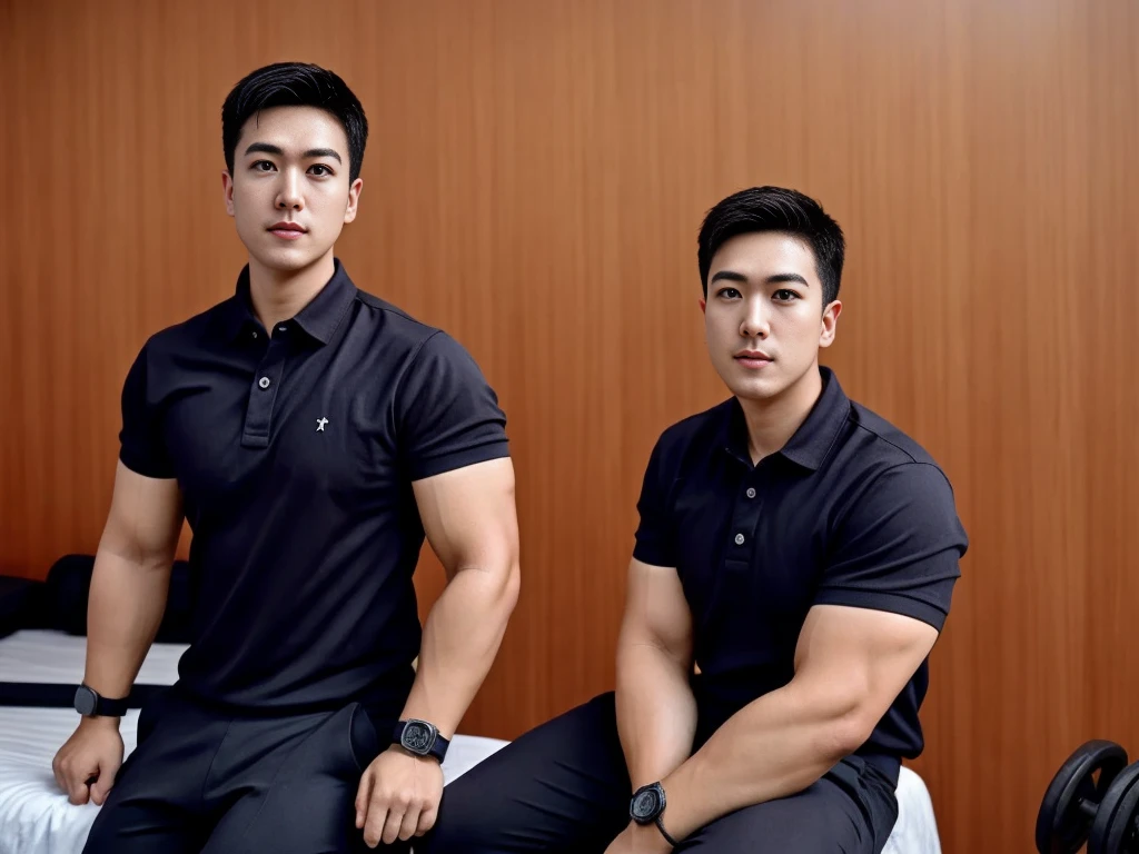 A male police officer in his 20s poses for a group photo., Wear a black polo shirt, high resolution, Masterpiece, best quality, head:1.3,, Smooth and fine skin, clear focus, (movie light), during the night, gentle light, Dynamic angle, (detailed face:1.2), (((exercise))), sport, His arm muscles were very big., hand in crotch, in his bedroom ,natural and delicate,