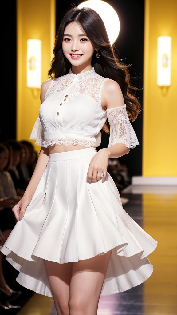 Amazingly large eyes、Smiling expression with white teeth visible、H cup bust、50cm waist、Slender and fair-skinned、Japan woman with long hair、20-year-old、Slim figure、Wearing a pleated skirt and a sheer lace blouse that flutters in the vivid breeze、Wearing high heels。On the runway at a fashion show、Her whole body was shown, from her high heels to her head, as she walked towards the viewer.、Bright, photo-quality images。
