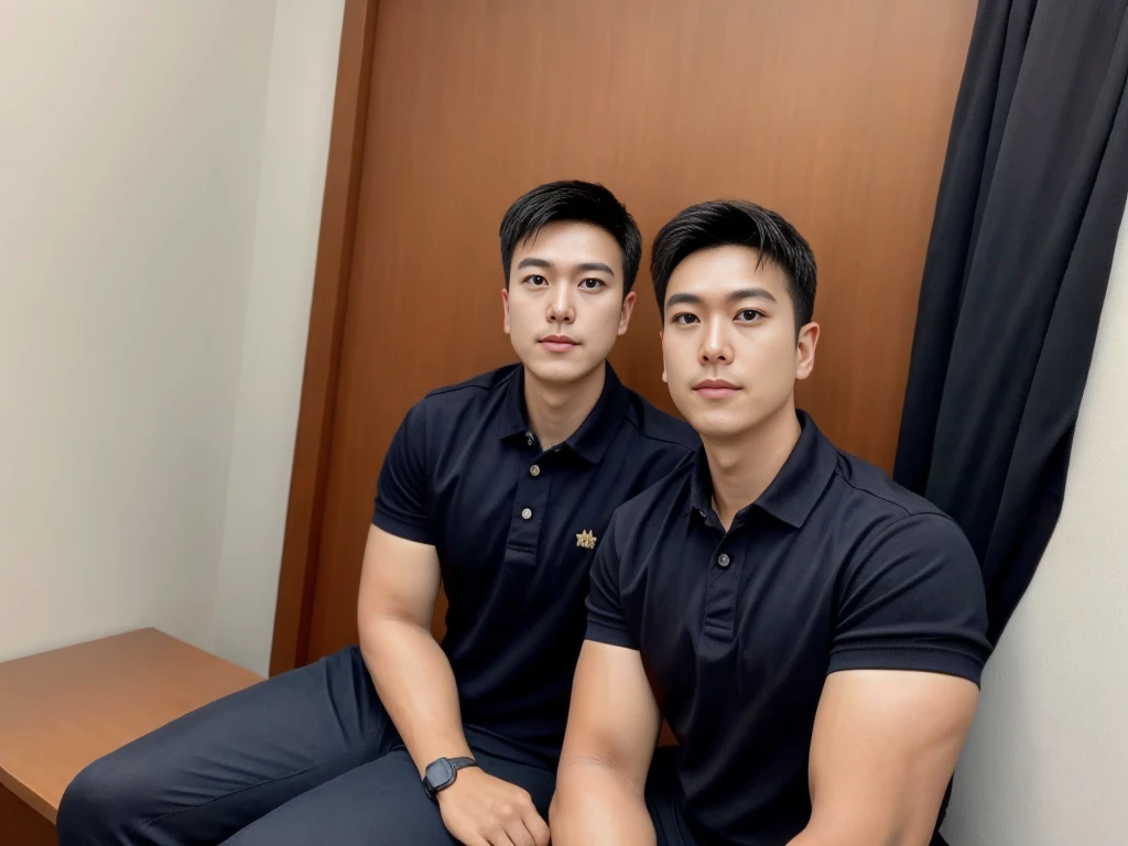 A male police officer in his 20s poses for a group photo., Wear a black polo shirt, high resolution, Masterpiece, best quality, head:1.3,, Smooth and fine skin, clear focus, (movie light), during the night, gentle light, Dynamic angle, (detailed face:1.2), (((exercise))), sport, His arm muscles were very big., hand in crotch, in his bedroom ,natural and delicate,