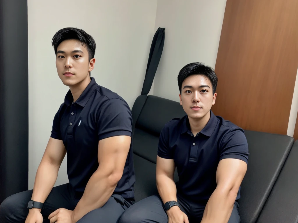 A male police officer in his 20s poses for a group photo., Wear a black polo shirt, high resolution, Masterpiece, best quality, head:1.3,, Smooth and fine skin, clear focus, (movie light), during the night, gentle light, Dynamic angle, (detailed face:1.2), (((exercise))), sport, His arm muscles were very big., hand in crotch, in his bedroom ,natural and delicate,
