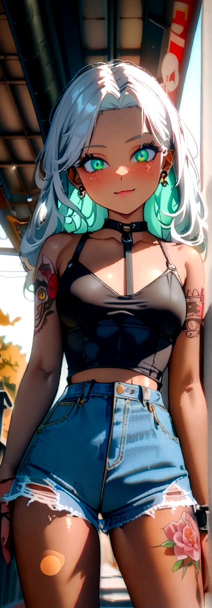 12 years old, gorgeous cute  Argentinian girl, smirk, freckles, (dark skin:1.6), polaroid photo, japan, highres, highest quallity, illustration,  ultra detailed, (detailed face), (detailed eyes), soft lighting, best quality, hazy glow, dreamy atmosphere, hyper detailed, masterpiece, 1girl, solo, silver hair, green eyes, knitwear, luminous eyes, medium breasts, (colorful), cowboy shot, from below, outdoors, morning, clouds, tall buildings in background, industrial, public transportation, , concrete buildings, concrete, sidewalk, busy, trees, autumn, falling leaves,, famous beautiful model, good young girl, (masterpiece:1.0),(best_quality:1.0), ultra high res,4K,ultra-detailed, photography, 8K, HDR, highres, absurdres:1.2, Kodak portra 400, blurry background, bokeh, lens flare, (vibrant_color:1.2),professional photograph, (the_tattoo:1.4), (beautiful_face:1.5),(narrow_waist). --v 6