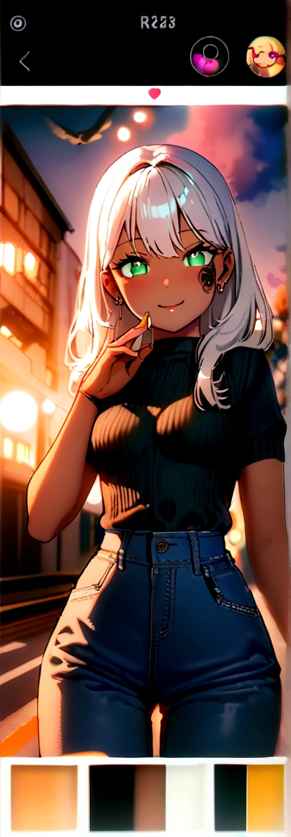 12 years old, gorgeous cute  Argentinian girl, smirk, freckles, (dark skin:1.6), polaroid photo, japan, highres, highest quallity, illustration,  ultra detailed, (detailed face), (detailed eyes), soft lighting, best quality, hazy glow, dreamy atmosphere, hyper detailed, masterpiece, 1girl, solo, silver hair, green eyes, knitwear, luminous eyes, medium breasts, (colorful), cowboy shot, from below, outdoors, morning, clouds, tall buildings in background, industrial, public transportation, , concrete buildings, concrete, sidewalk, busy, trees, autumn, falling leaves,, famous beautiful model, good young girl, (masterpiece:1.0),(best_quality:1.0), ultra high res,4K,ultra-detailed, photography, 8K, HDR, highres, absurdres:1.2, Kodak portra 400, blurry background, bokeh, lens flare, (vibrant_color:1.2),professional photograph, (the_tattoo:1.4), (beautiful_face:1.5),(narrow_waist). --v 6
