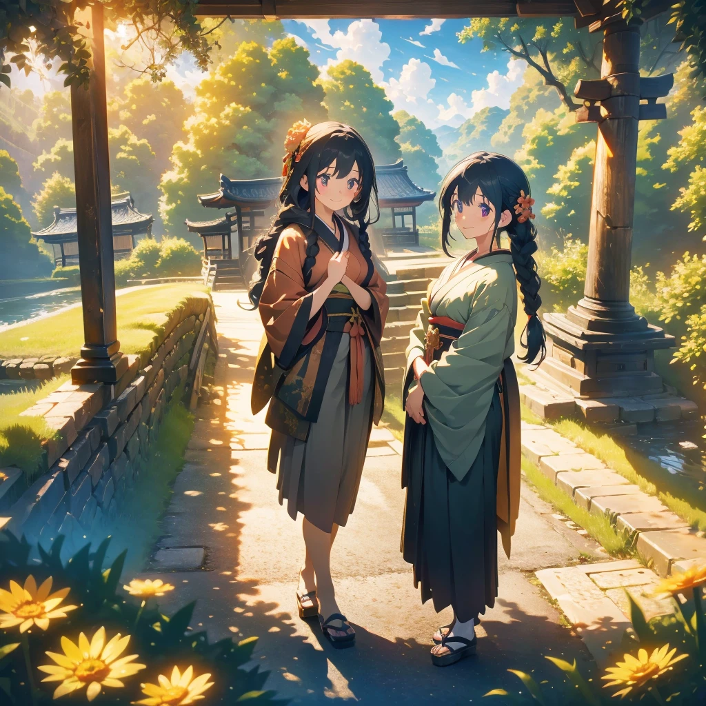 (masterpiece), (high resolution 8K), professional illustration,(1 girl), late age, standing, thigh focus, dutch angle, japanese clothes, kimono, hair ornament, long hair, smile, looking up, shrine, temple, torii, beautiful starry sky, natural lighting, high contrast, stunning face, symmetrical clear eyes, detailed eyes and face, detailed skin