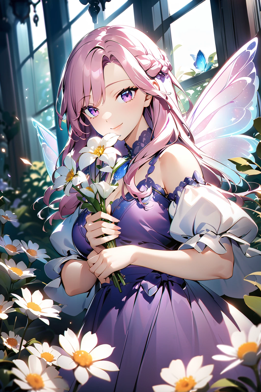 (超detailedなイラスト:1.2),Very delicate and beautiful,非常にdetailed,CG,Unity,8k wallpaper,wonderful,detailed,masterpiece,The best quality in the best condition,Official Art,非常にdetailed CG 8k Unbelievably ridiculous resolution,Beautiful and exquisite,High resolution,非常にdetailedな目と顔,Anime girl in a purple dress holding a vase in front of a window, Fairy portrait, Smiling like a fairy queen, Kschaert Krentz Key Art Feminine, Holding a magic flower, Fairy portrait, artwork in the style of Gwaiz, Gwaiz on pixiv artstation, Gwaiz, detailedなデジタルアニメアート