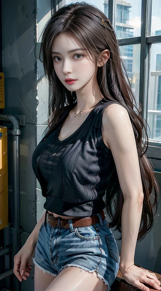 realistic, High resolution, 1 female, alone, sexy, hip up, show viewer, (detailed face), swat vest, gun, jewelry