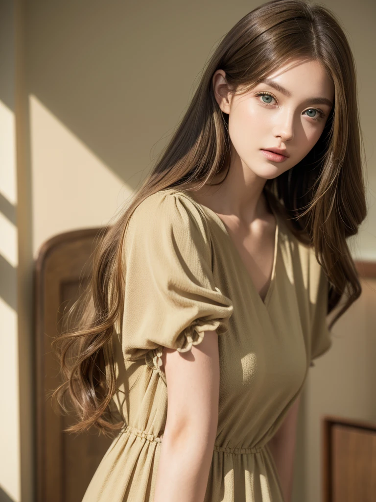 Light brown hair, green eyes, beige dress, open hair, fashion model