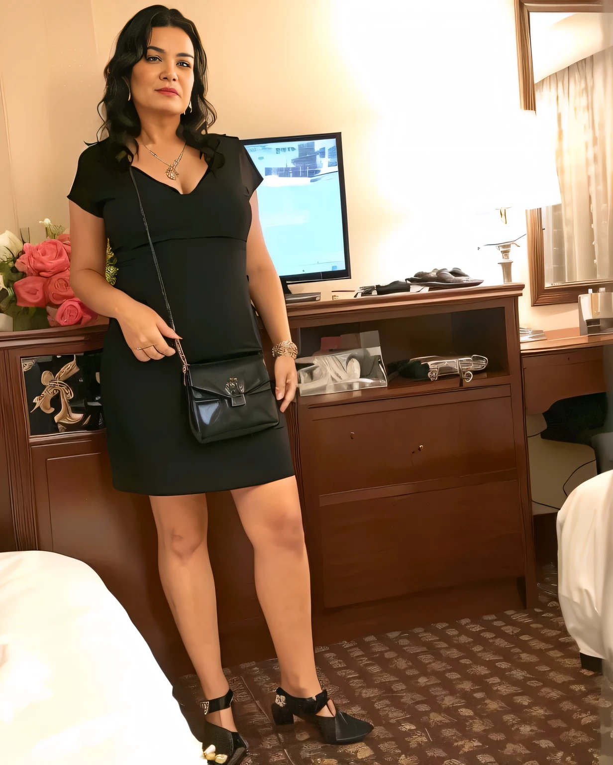 there is a woman standing in a hotel room with a purse, wearing black dress, full length view, standing in corner of room, wearing a black dress, she is wearing a black dress, posing in a bedroom, she is about 40 years old, in style of nan goldin, wearing a tight black dress, outfit photo, usa-sep 20