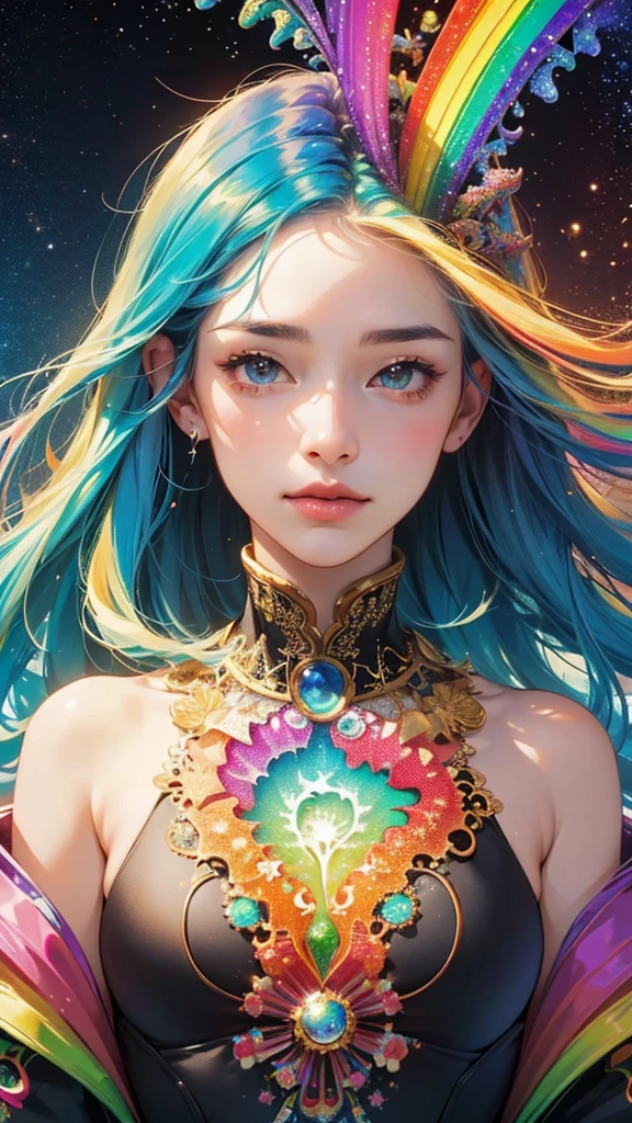 (masterpiece, Highest quality, Highest quality, beautifully、aesthetic:1.2)、Frontal face:1.5, (A woman facing forward、30th Generation), Very detailed,(Fractal Art:1.5),{{Rainbow colored hair}},colorful, Most detailed, Perfect Face, Upper Body, High resolution, Milky Way, (Particles of light),Colorful particles of light surround the area., Sparkling、(Dynamic stripes, Rainbow's trajectory:1.2), Vibrant colors,{{Watching the audience:2}}、The crystals shine、Crystal Ball、Lucky rainbow bird、Money、rainbow、Shiny Dress