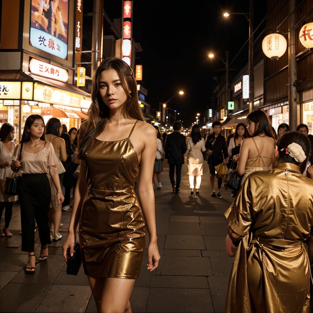 Female supermodel. Brown cocktail dress. Dim, soft lighting. Sunset. Sunset.Musashi-Koyama Shopping Street “Palm”, Tokyo, Japan.