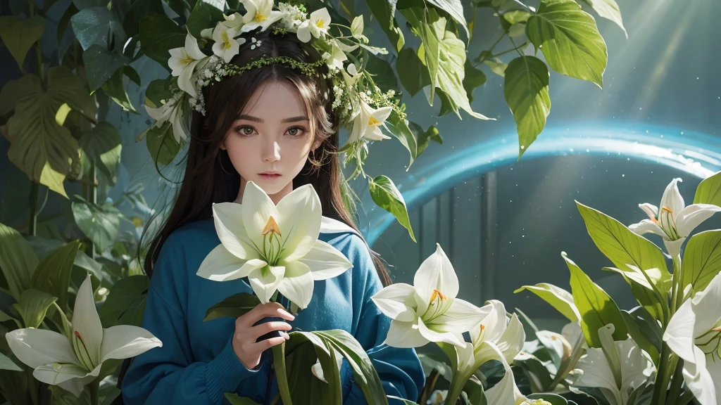 32k, Masterpiece, Highest quality, One girl, Brown Hair, Detailed eyes, flower,Amaryllis, Blue and green style,A dreamy, romantic piece,Pale yellow, Mysterious Leaves,A playful arrangement,Fantasy,High Contrast,Ink strokes,explosion,Exposure, Impression of blue and green tones,Abstract, Brush strokes,Negative Space, Tyndall effect