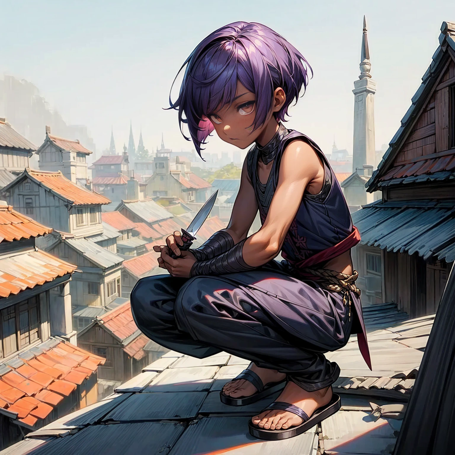 1little boy, Full body version, 1character, coral eyes color, dark skin, long Pixie cut hairstyle, small eyes type, violet colour hair, Assassin clothing style, gray color clothing, Ancient greek sandals, two dagger knife silver in two hand, armor vest, Grassroots background in roofs of houses, house tiles in the background