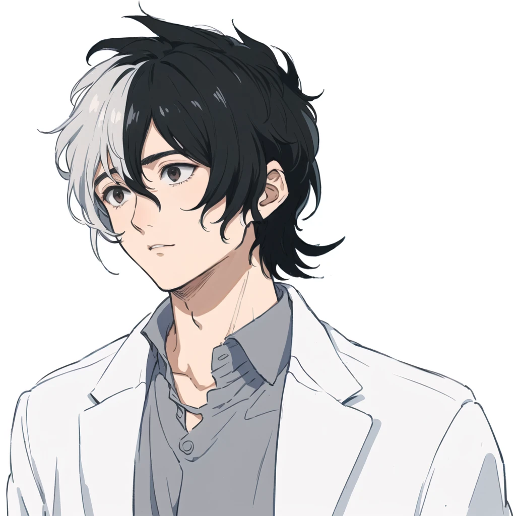 A painting of a man with black hair wearing a white jacket, inspired by Okumura Togyu, Gray hair black hair, He has dark grey hair, Kentaro Miura art style, Kentaro Miura Manga Style, Kentaro Miura's Manga Art Style, Male Anime Characters, Anime Handsome Man, Young Anime Guy