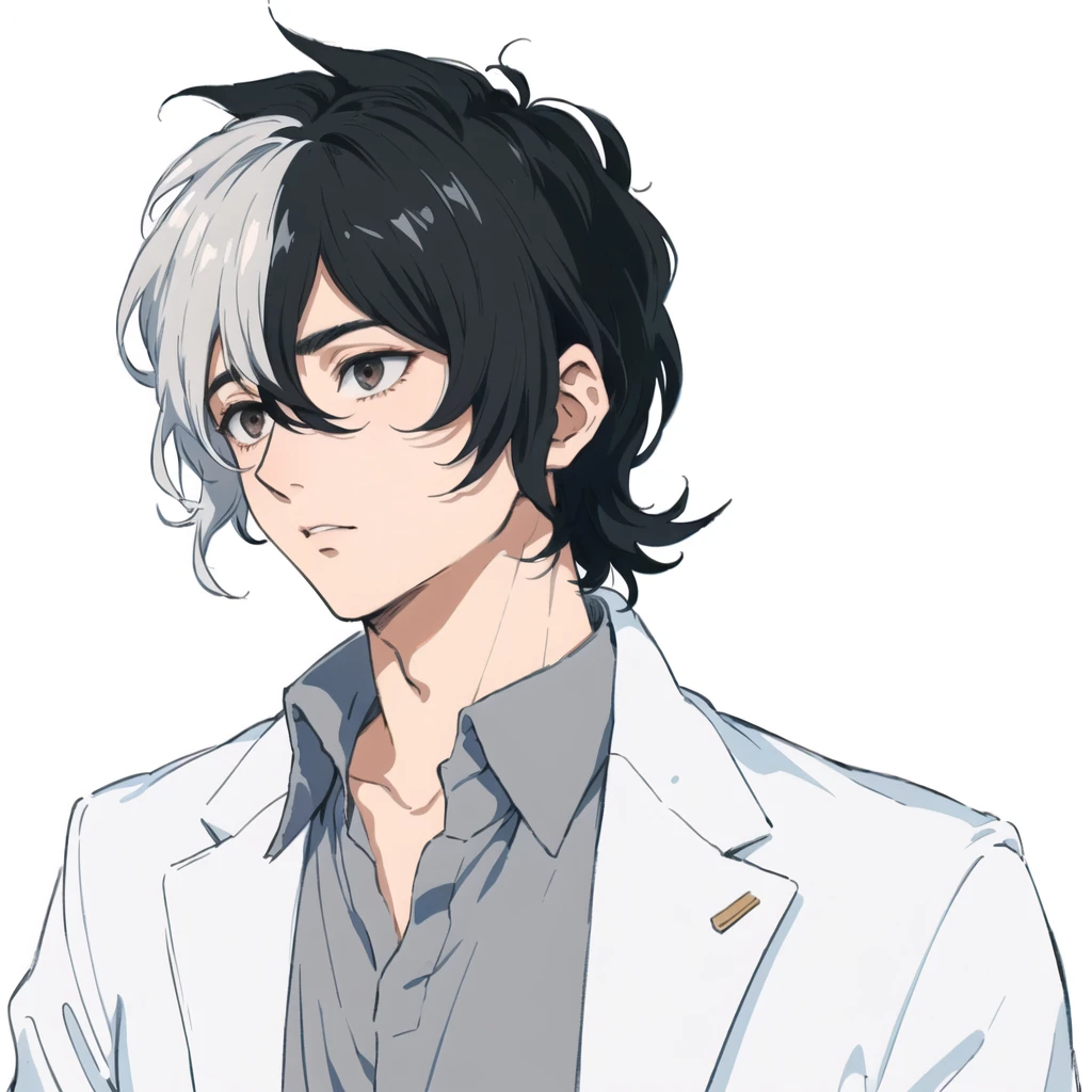 A painting of a man with black hair wearing a white jacket, inspired by Okumura Togyu, Gray hair black hair, He has dark grey hair, Kentaro Miura art style, Kentaro Miura Manga Style, Kentaro Miura&#39;s Manga Art Style, Male Anime Characters, Anime Handsome Man, Young Anime Guy