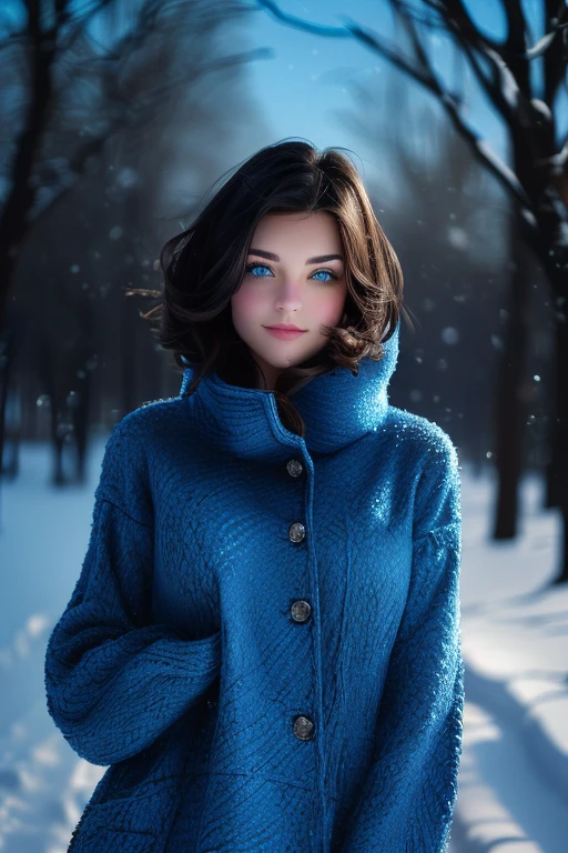 Kate, short black hair with blue highlights, looking at the viewer, blue eyes, perfect body, ((winter clothes)),falling snowflakes, snow