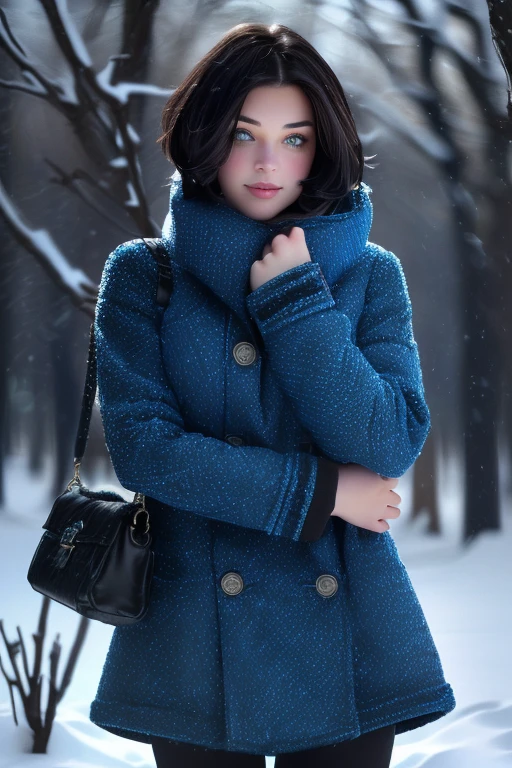 Kate, short black hair with blue highlights, looking at the viewer, blue eyes, perfect body, ((winter clothes)),falling snowflakes, snow