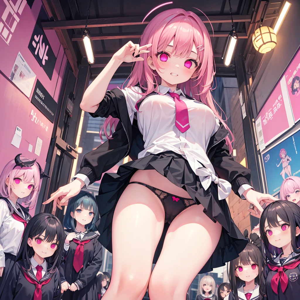 Details、Ultra-detail、masterpiece、top-quality、Beautiful fece、A detailed eye、 、(focus ), (I look up at the five girls from the ground.)、(Five girls are standing in a circle around me, looking down at me.:1.5)、circle、(seductive grin), (((5 giant girls)))、((angle from below)), 5 younge, (thighs), 5panties, (angle from under 5 girls),baby face,mesugaki,5 succubuses,(Pink ribbon:1.1)、(Two-side-up)、Pink tie、pink bra、Shady face、Light pink hair、malicious smile、Bruises and ugly facial features、Young features、(Lori:1.2)、lsleeve、puffy sleeves fy hair、Elementary school girls、Short stature、Chiquita、Colossal tits、(Put your handyour face)、Buriko、Ruffled uniforms、hair clips、(Ridicule:1.1)、looking-down、Looking from below、Being looked down upon by girls、(Looking from below:1.2)、ultra gigantic tits、Pink heart symbol、 of heart、(Heart Effect:1.1)、(heart mark:1.1)、demon tail、Devil's Tail、Succubus、(ultra gigantic tits:1.3), (6+girls,multiplrls, crowd:1.3),
