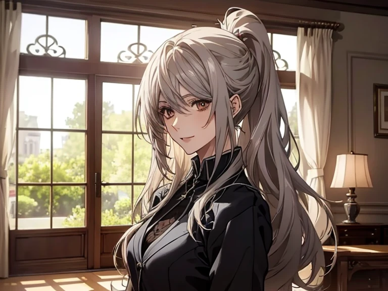 (Confused, High resolution, Very detailed), 1 female, Silver Hair,Long Hair,Reddish brown eyes,Dark suit,secretary,Low Ponytail,24th generation,Beautiful woman,mature,thin,quiet,Calm,Small breasts,A small smile,Reception room,