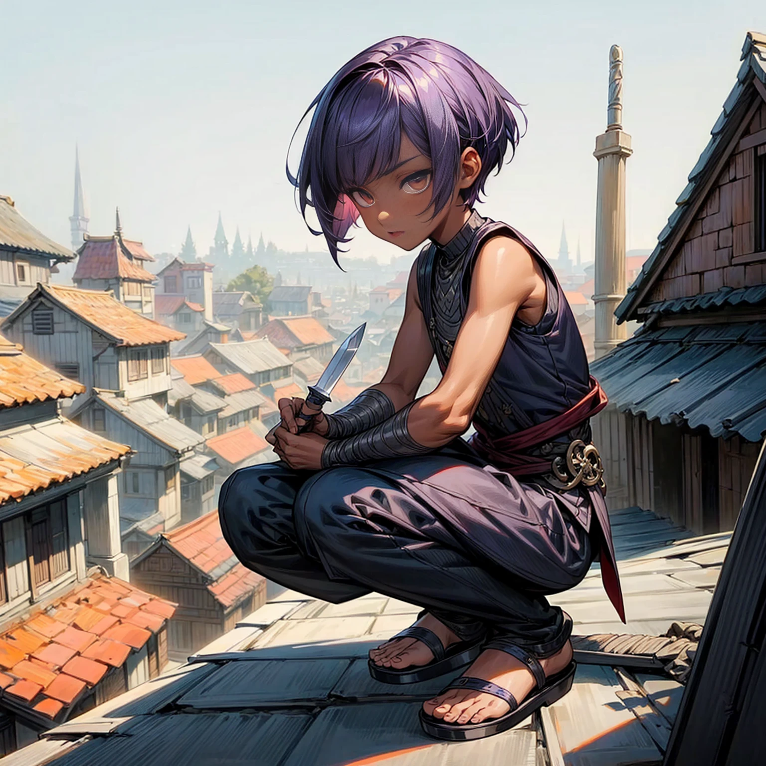 1little boy, Full body version, 1character, coral eyes color, dark skin, long Pixie cut hairstyle, small eyes type, violet colour hair, Assassin clothing style, gray color clothing, Ancient greek sandals, two dagger knife silver in two hand, armor vest, Grassroots background in roofs of houses, house tiles in the background 