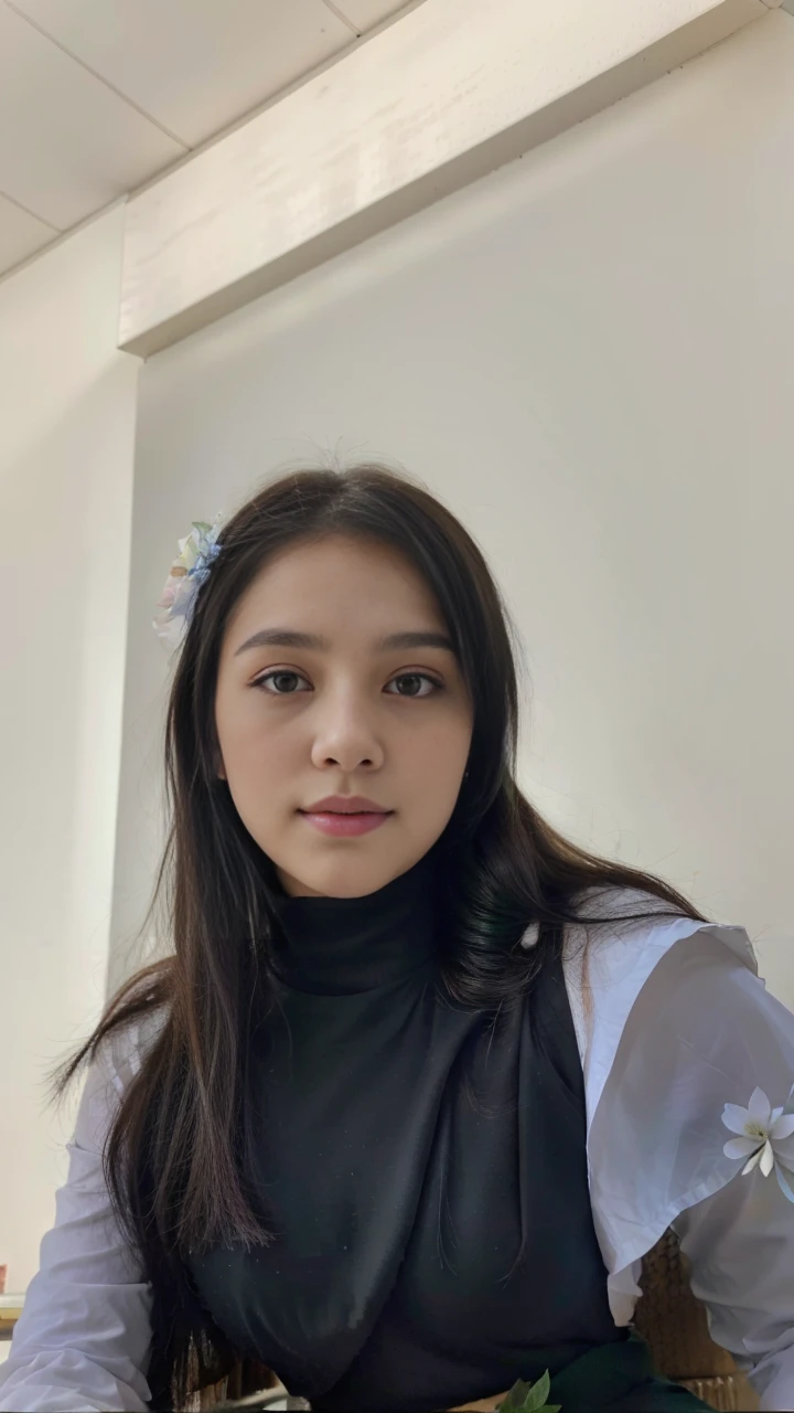 RAW, Raw photo, ((best quality)), ((masterpiece)), absurdres, film grain, extremely detailed, amazing, (fine detail:1.2), unbelievable intricate details, (intricate detailed eyes:1.2), (intricate detailed:1), (intricate details face:1.2), detailed facial features, (ultra skin texture) realistic, (high quality:1.2), sharp focus, smooth, aesthetic, extremely detailed, photo_\(ultra\, professional, post-processing, max detail, roughness, real life, photo-realistic 8k, photorealism, (4k ultra highres:1.2), 4K wallpaper, highres, nikon d850 film stock photograph 4 kodak portra 400 camera f1.6 lens rich colors hyper realistic lifelike texture, unrealengine, trending on artstation cinestill 800 tungsten, soft lighting, octane, professional colorgraded, DSLR BREAK. Photo of a beautiful young 23yo woman, perfect body proportions, medium breasts, parted lips, close mouth, smile, perfect face, white skin, (black bun hair with 1flower:1.2) head on flower, rose, nice hands, perfect hands. 1girl, solo, 1character, (standing), (front view:1.27), (from below), (full body:1.27), looking at the viewer. (Wearing acmmsayarma outfit, acmmsayarma white top with buttons, long sleeves BREAK ((acmmsayarma green long skirt))) BREAK ((classroom, teaching and writing on the white board, tables, indoors, daytime)), (sunlight spilling on her outfit).