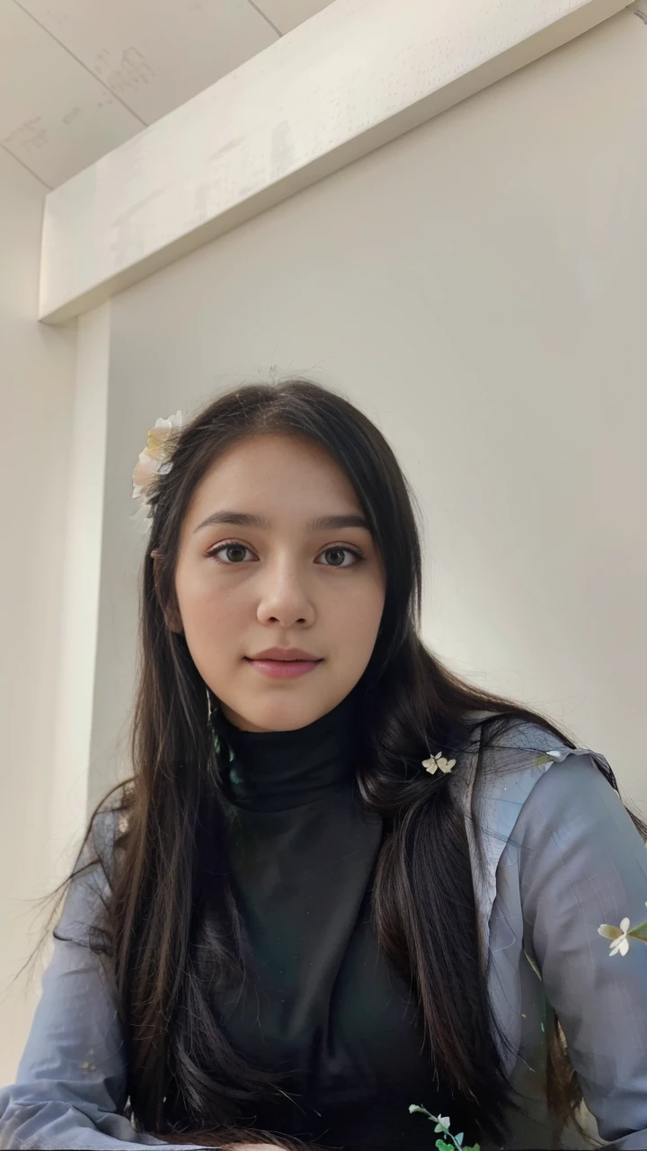 RAW, Raw photo, ((best quality)), ((masterpiece)), absurdres, film grain, extremely detailed, amazing, (fine detail:1.2), unbelievable intricate details, (intricate detailed eyes:1.2), (intricate detailed:1), (intricate details face:1.2), detailed facial features, (ultra skin texture) realistic, (high quality:1.2), sharp focus, smooth, aesthetic, extremely detailed, photo_\(ultra\, professional, post-processing, max detail, roughness, real life, photo-realistic 8k, photorealism, (4k ultra highres:1.2), 4K wallpaper, highres, nikon d850 film stock photograph 4 kodak portra 400 camera f1.6 lens rich colors hyper realistic lifelike texture, unrealengine, trending on artstation cinestill 800 tungsten, soft lighting, octane, professional colorgraded, DSLR BREAK. Photo of a beautiful young 23yo woman, perfect body proportions, medium breasts, parted lips, close mouth, smile, perfect face, white skin, (black bun hair with 1flower:1.2) head on flower, rose, nice hands, perfect hands. 1girl, solo, 1character, (standing), (front view:1.27), (from below), (full body:1.27), looking at the viewer. (Wearing acmmsayarma outfit, acmmsayarma white top with buttons, long sleeves BREAK ((acmmsayarma green long skirt))) BREAK ((classroom, teaching and writing on the white board, tables, indoors, daytime)), (sunlight spilling on her outfit).