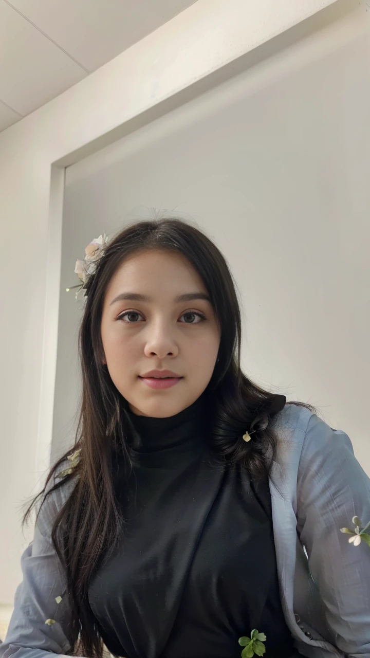 RAW, Raw photo, ((best quality)), ((masterpiece)), absurdres, film grain, extremely detailed, amazing, (fine detail:1.2), unbelievable intricate details, (intricate detailed eyes:1.2), (intricate detailed:1), (intricate details face:1.2), detailed facial features, (ultra skin texture) realistic, (high quality:1.2), sharp focus, smooth, aesthetic, extremely detailed, photo_\(ultra\, professional, post-processing, max detail, roughness, real life, photo-realistic 8k, photorealism, (4k ultra highres:1.2), 4K wallpaper, highres, nikon d850 film stock photograph 4 kodak portra 400 camera f1.6 lens rich colors hyper realistic lifelike texture, unrealengine, trending on artstation cinestill 800 tungsten, soft lighting, octane, professional colorgraded, DSLR BREAK. Photo of a beautiful young 23yo woman, perfect body proportions, medium breasts, parted lips, close mouth, smile, perfect face, white skin, (black bun hair with 1flower:1.2) head on flower, rose, nice hands, perfect hands. 1girl, solo, 1character, (standing), (front view:1.27), (from below), (full body:1.27), looking at the viewer. (Wearing acmmsayarma outfit, acmmsayarma white top with buttons, long sleeves BREAK ((acmmsayarma green long skirt))) BREAK ((classroom, teaching and writing on the white board, tables, indoors, daytime)), (sunlight spilling on her outfit).
