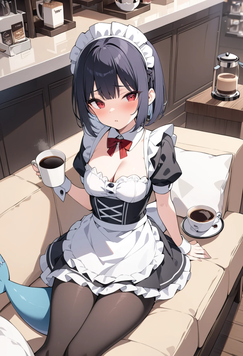 (masterpiece:1.2),Best quality,Very detailed, high resolution,Red eyes,Black short hair,Black pantyhose,Shark Tail,chest,Maid costume,coffee厅,Bar,coffee,dessert,Sitting on the sofa