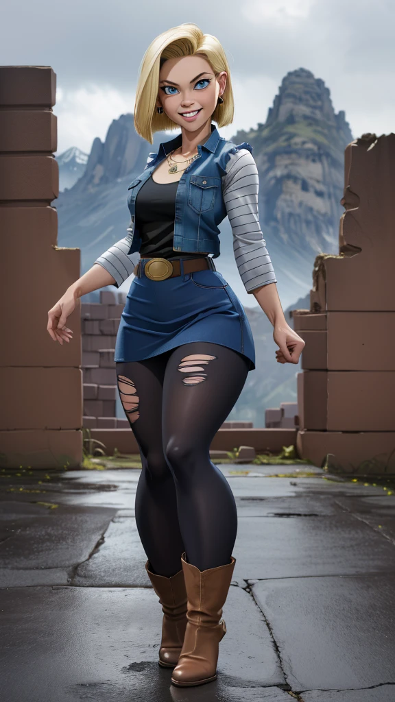 (realista), best quality, highres, and18, 1girl, android 18, solo girl, 1girl, blonde hair, blue eyes, belt, boots, tight blue demin skirt, gold_necklace, black shirt, short hair, long striped sleeves, earrings, open vest, denim vest, medium breasts, cowboy shot, mountains, straight-on, (weather: raining and windy), wet body, sexy smile, combat stance, full length pantyhose, battle ruins, wide hips, thick legs, torn clothes, closed fists,
