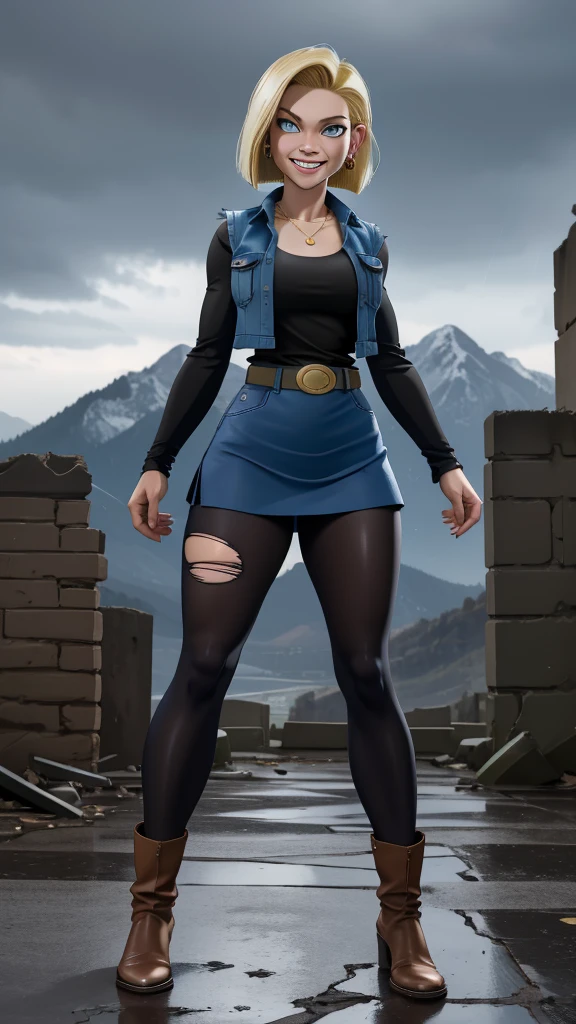 (realista), best quality, highres, and18, 1girl, android 18, solo girl, 1girl, blonde hair, blue eyes, belt, boots, tight blue demin skirt, gold_necklace, black shirt, short hair, long striped sleeves, earrings, open vest, denim vest, medium breasts, cowboy shot, mountains, straight-on, (weather: raining and windy), wet body, sexy smile, combat stance, full length pantyhose, battle ruins, wide hips, thick legs, torn clothes, closed fists,