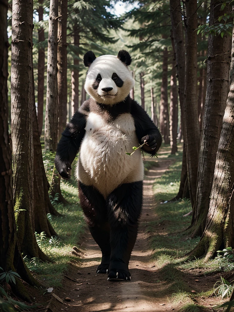 A panda walks through  alone the forest
